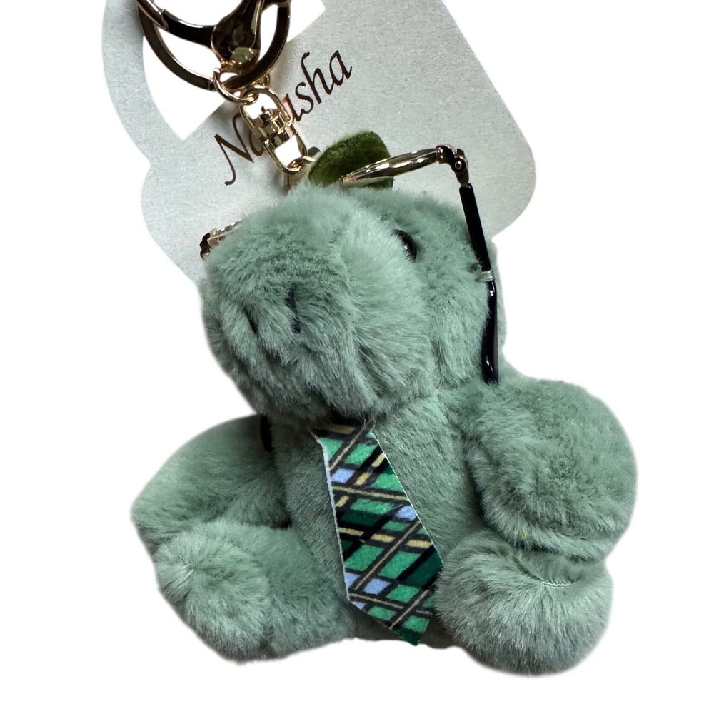 Green Dinosaur Glasses Tie Gold Tone Hardware Key Chain Charm Bag NwT